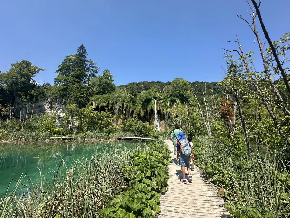 Wooden boardwalk path through Plitvice National Park