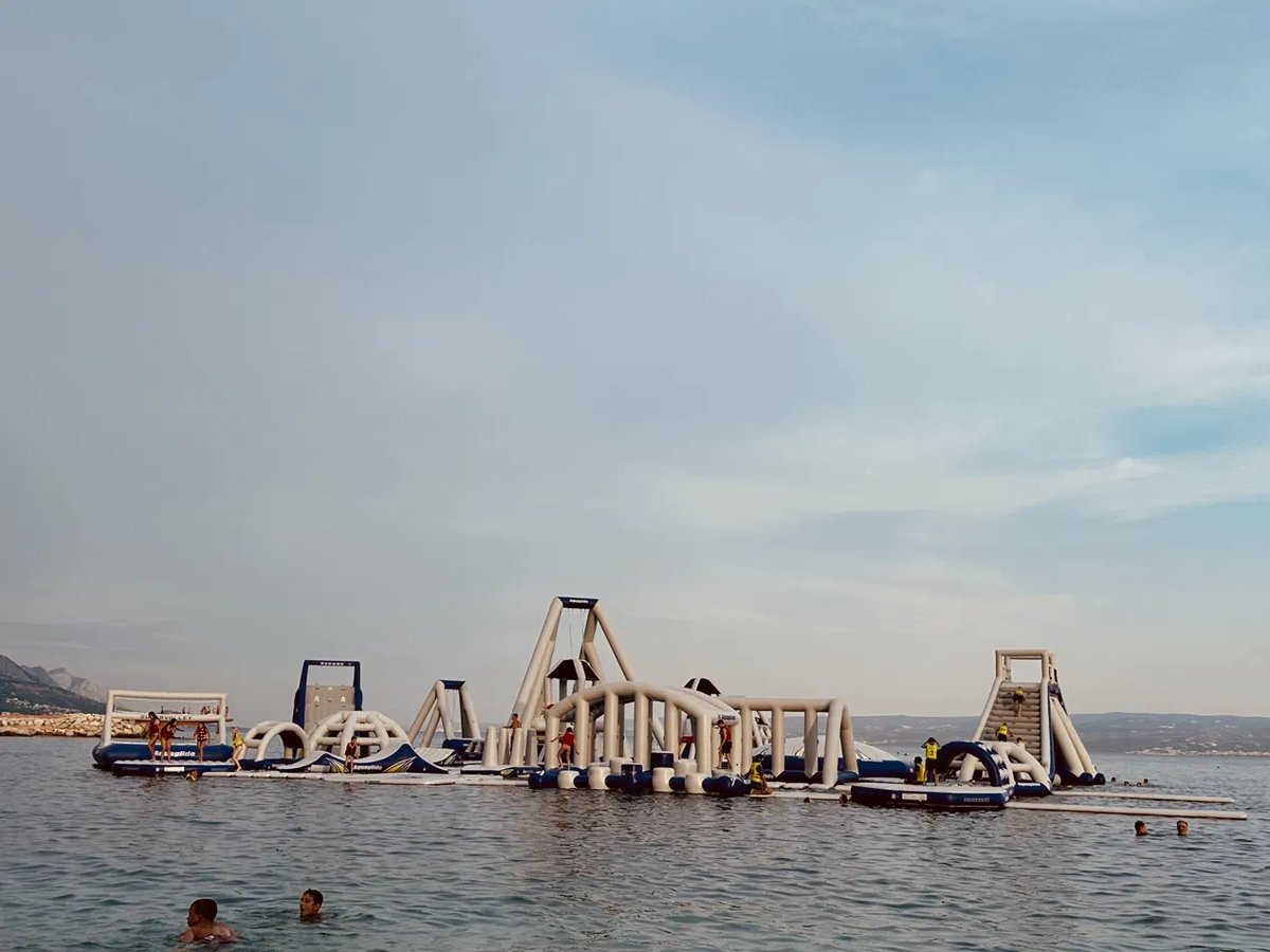 Floating aqua park in the sea near Split